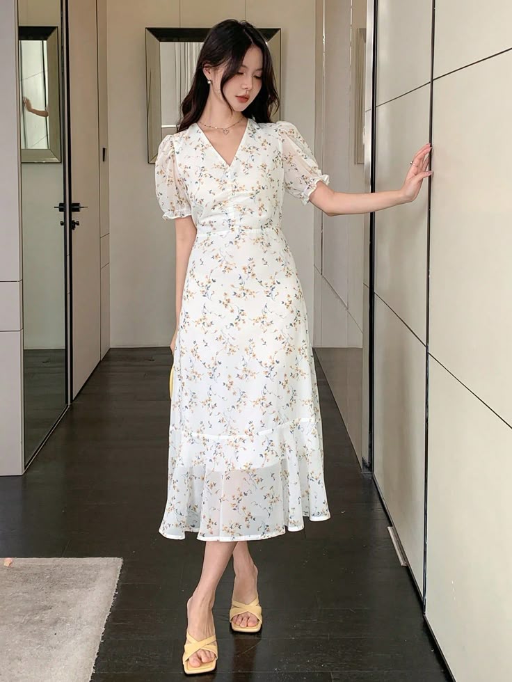 women floral print v neck bubble sleeves dress